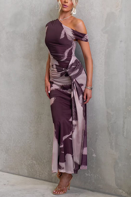 Asymmetrical Shoulder Draped Front Printed Maxi Dress