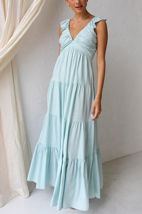 V Neck Ruffle Trim Tiered Sleeveless Linen Maxi Dress