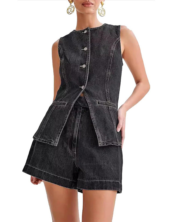 Clidress Denim Tank Top & Jeans Shorts Set