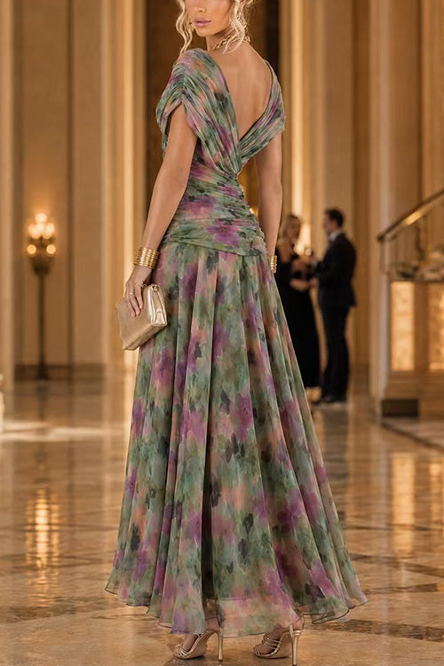 V Neck Short Sleeves Floral Print Maxi Dress