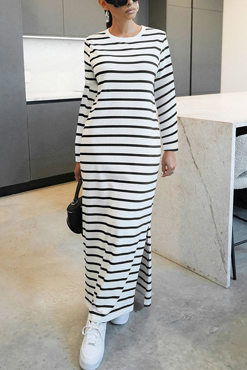 Round Neck Side Slit Striped Maxi Dress