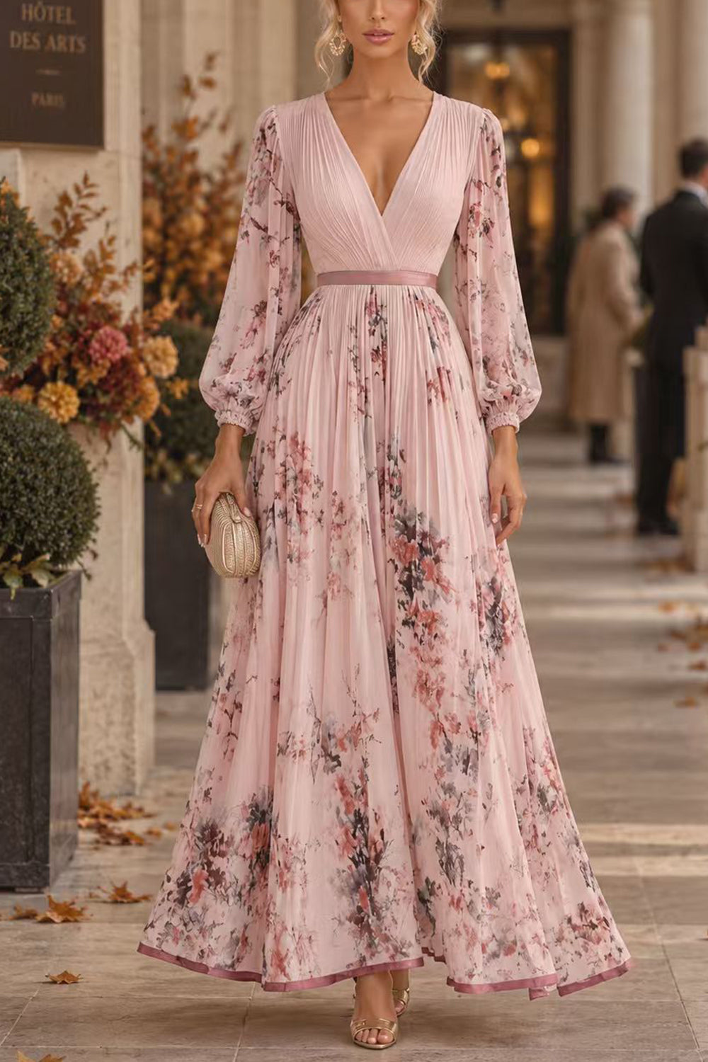 V Neck Lantern Long Sleeves Floral Print Pleated Maxi Dress (A)