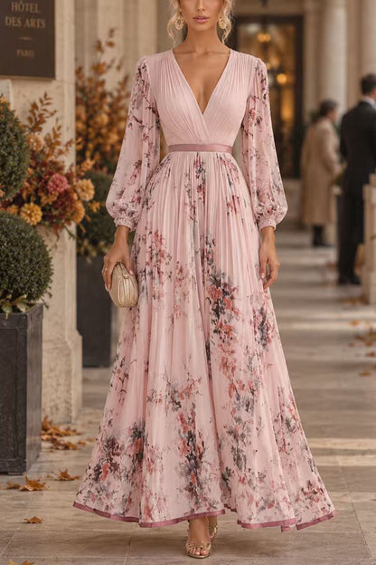 V Neck Lantern Long Sleeves Floral Print Pleated Maxi Dress (A)