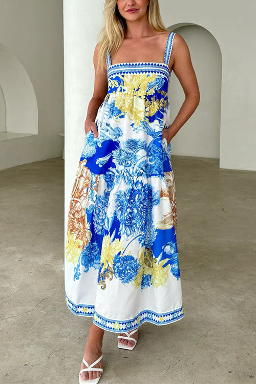 Pocketed Side Slit Printed Maxi Cami Dress
