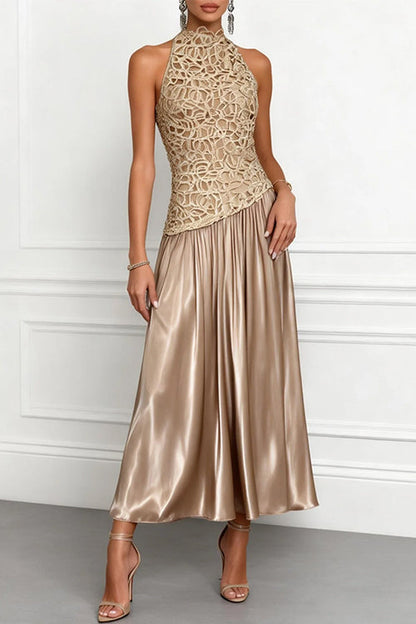 Mockneck Sleeveless Lace Splice Satin Maxi Dress