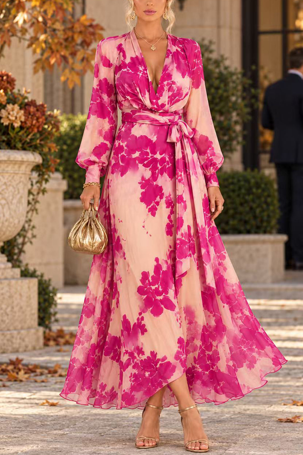 V-Neck Long Sleeve Floral Print Maxi Dress