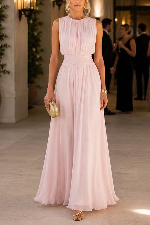 Crewneck Sleeveless Zipper Back Waisted Maxi Dress
