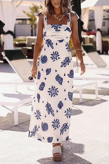 Bow Shoulder Sleeveless Seashell Print Maxi Dress