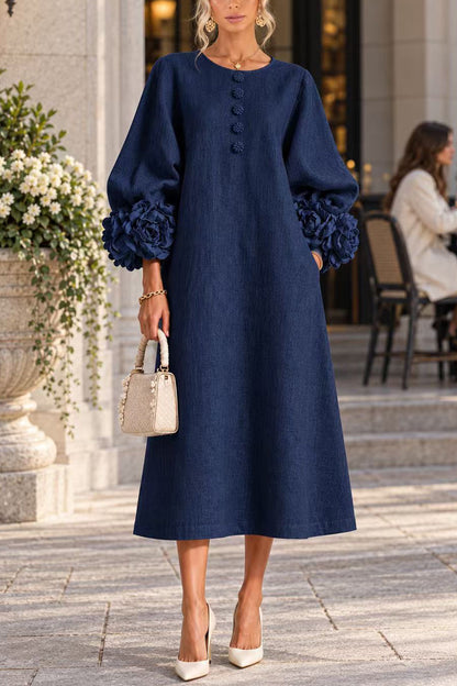 Floral Applique Puff Sleeve A-Line Midi Dress