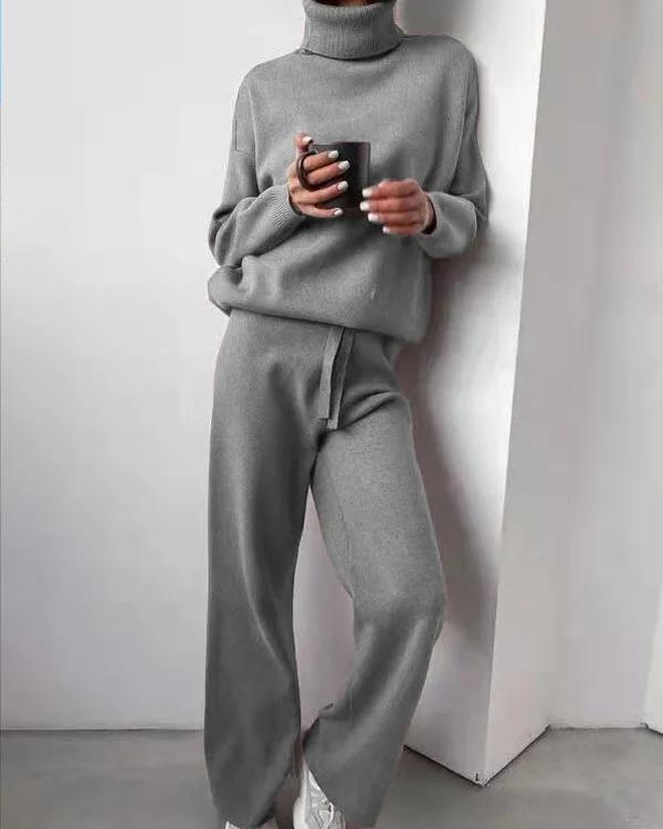 Clidress Turtleneck Sweater Knit Pants 2 Pieces Set