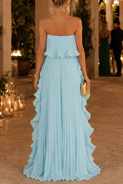 Strapless Tube Ruffle Hem Pleated Maxi Dress