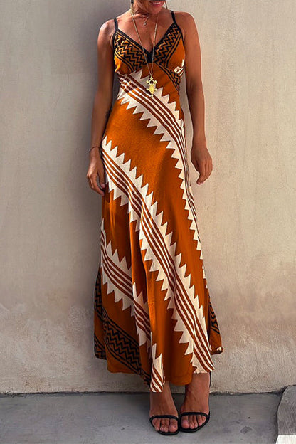V Neck Color Block Printed Maxi Swing Cami Dress
