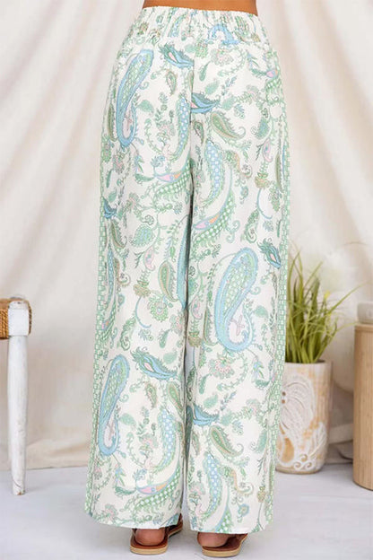 Elastic Waist Paisley Print Pocketed Wide Leg Pants
