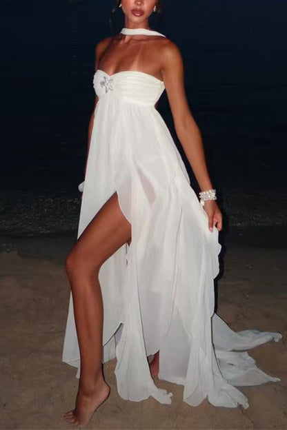 Sleeveless Open Back Ruffle Trim Slit Maxi Dress