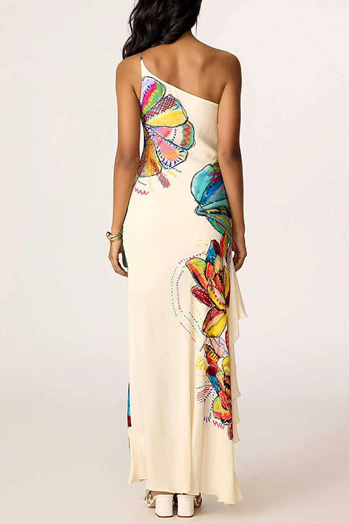 One Shoulder Sleeveless Floral Print Ruffle Hem Maxi Dress