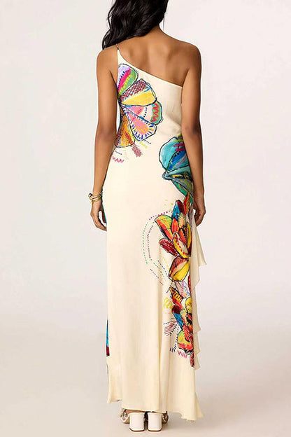 One Shoulder Sleeveless Floral Print Ruffle Hem Maxi Dress