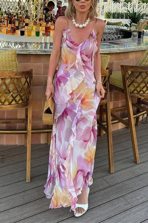 V Neck Backless Ruffle Trim Slit Floral Print Maxi Cami Dress