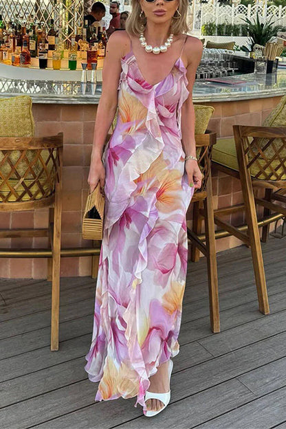 V Neck Backless Ruffle Trim Slit Floral Print Maxi Cami Dress