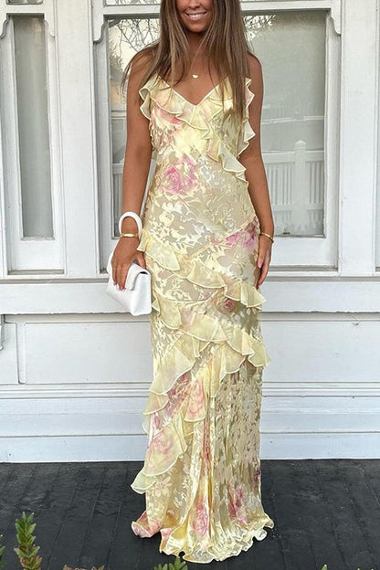 Spaghetti Strap Backless Ruffle Trim Printed Maxi Dress