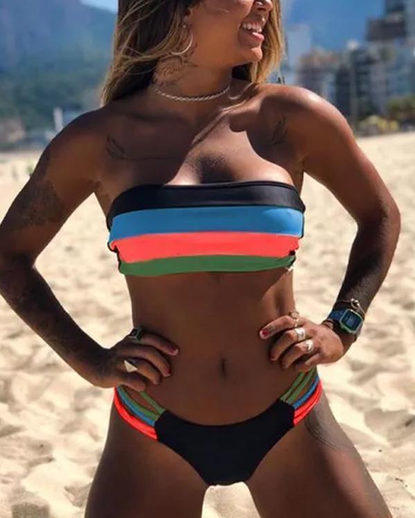 Clidress Neon Rainbow Stripes Two Piece Bikini Set