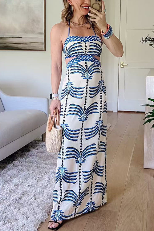 Tie Shoulder Cut Out Waist Printed Maxi Dress