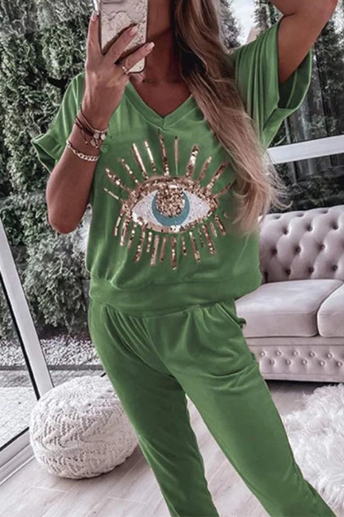 Sequin Pattern V Neck Short Sleeve Top with Pocketed Pants Casual Set