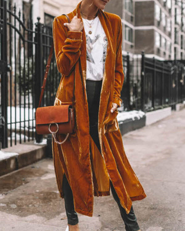 Clidress Loose Elastic Velvet Long Cardigan Jacekt Coat