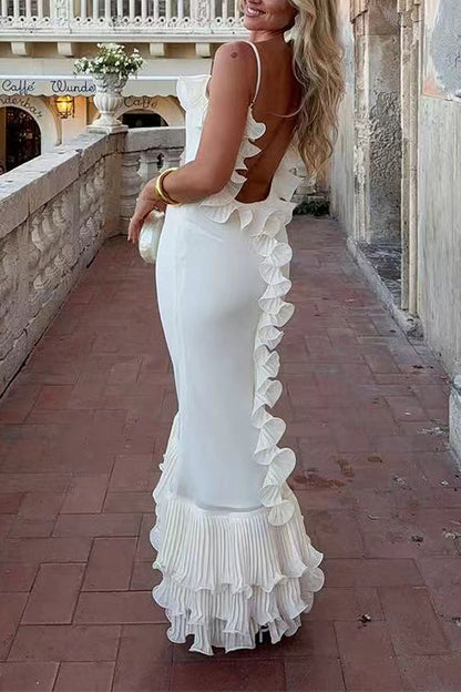 Spaghetti Strap Open Back Ruffle Trim Maxi Dress