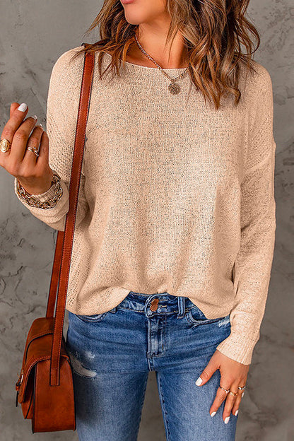 Drop Shoulder Long Sleeves Solid Knitting Sweater Apricot