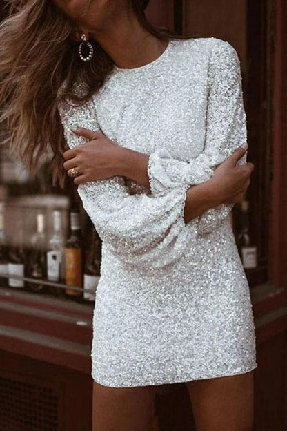 Clidress Sequin Puff Sleeve Sheath Party Dress