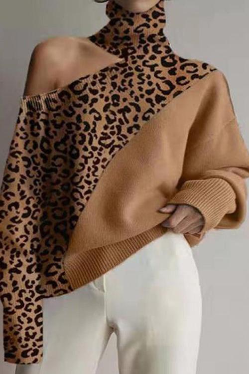 Turtleneck Cold Shoulder Solid Loose Sweater Leopard