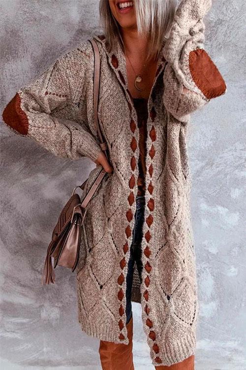 Elbow Patch Color Block Hoodied Midi Cardigan Light Camel