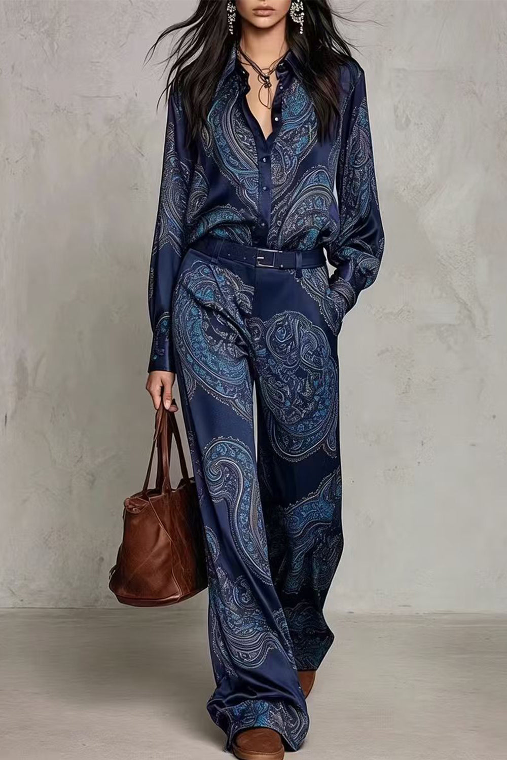 Lapel Long Sleeves Shirt High Rise Pocketed Straight Leg Pants Paisley Print Set (C)