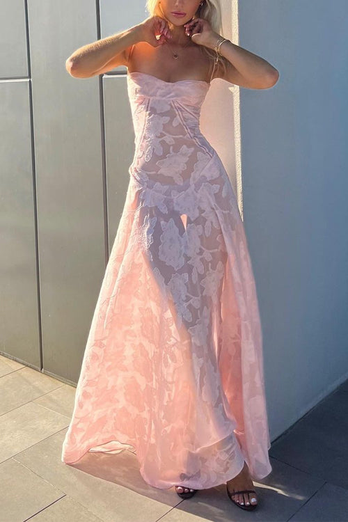 Spaghetti Strap Back Lace-up Applique Flower Lace Maxi Dress Pink