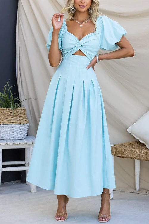 Twist Front Puff Sleeves Cut Out Pocketed Maxi Dress