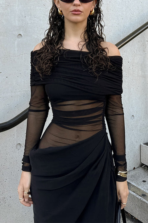 Off Shoulder Long Sleeves Mesh Splice Maxi Dress