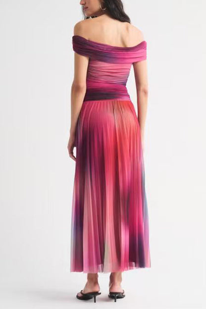Off Shoulder Sunset Gradient Pleated Maxi Dress