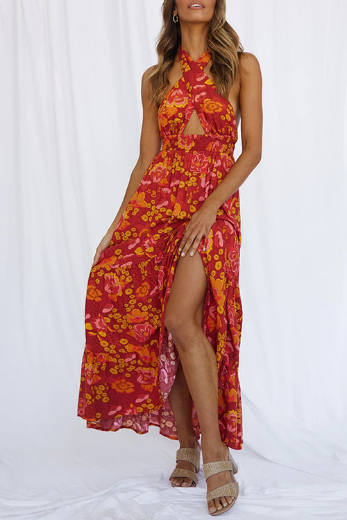 Criss Cross Halter Backless Cut Out Slit Floral Maxi Dress