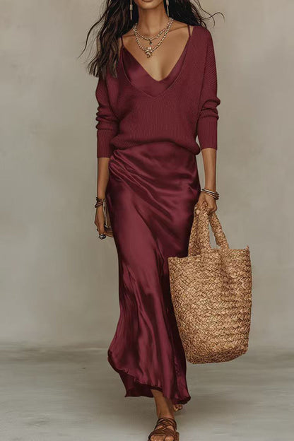 V Neck Drop Shoulder Sweater and Satin Maxi Cami Dress Set (A)