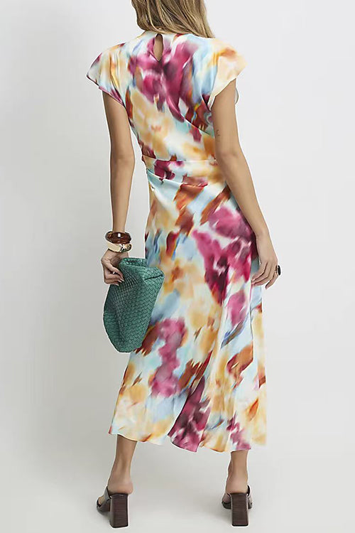 Cowl Neck Short Sleeves Tie Dye Maxi Dress