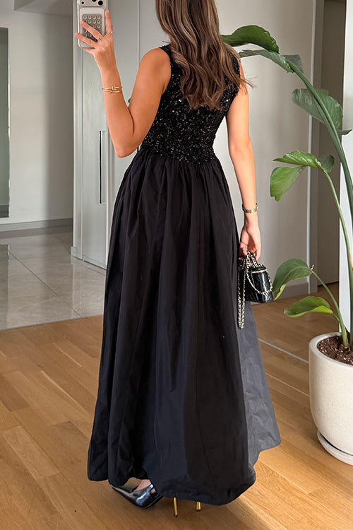 Crewneck Sleeveless Glitter Sequin Splice Maxi Dress