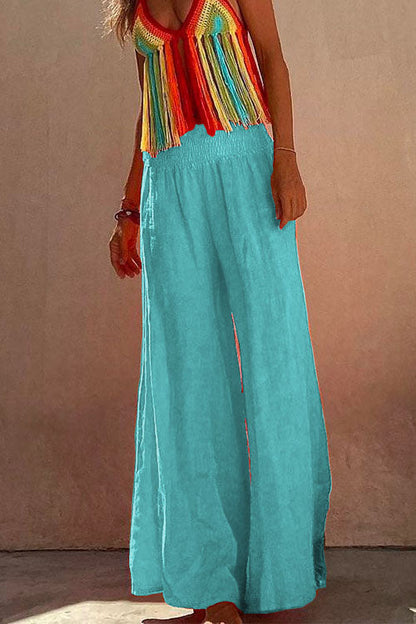Smocked Elastic Waist Baggy Wide Leg Cotton Linen Pants Blue