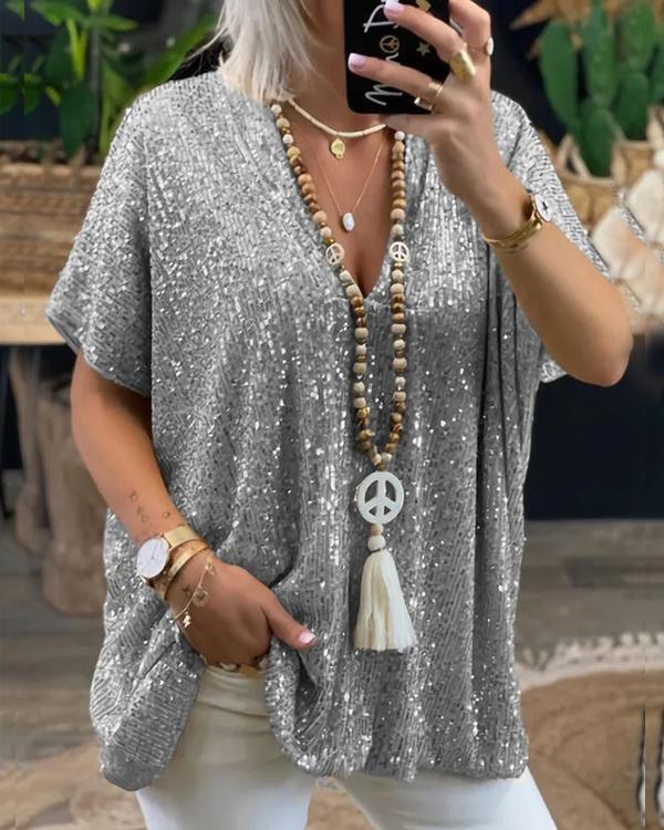 Clidress Graceful V Neck Sequin Loose Top