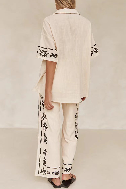 Cotton Linen Short Sleeves Button Down Shirt Elastic Waist Wide Leg Pants Printed Set