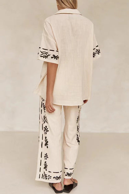 Cotton Linen Short Sleeves Button Down Shirt Elastic Waist Wide Leg Pants Printed Set