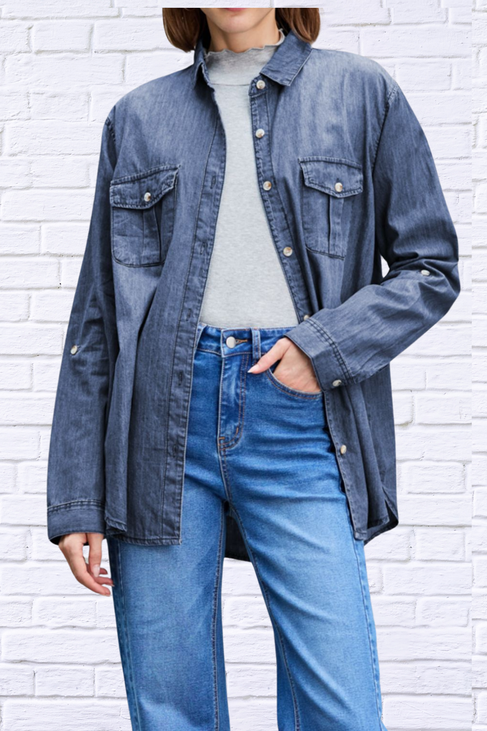 Pocketed Collared Neck Long Sleeve Dandy Denim Top Navy
