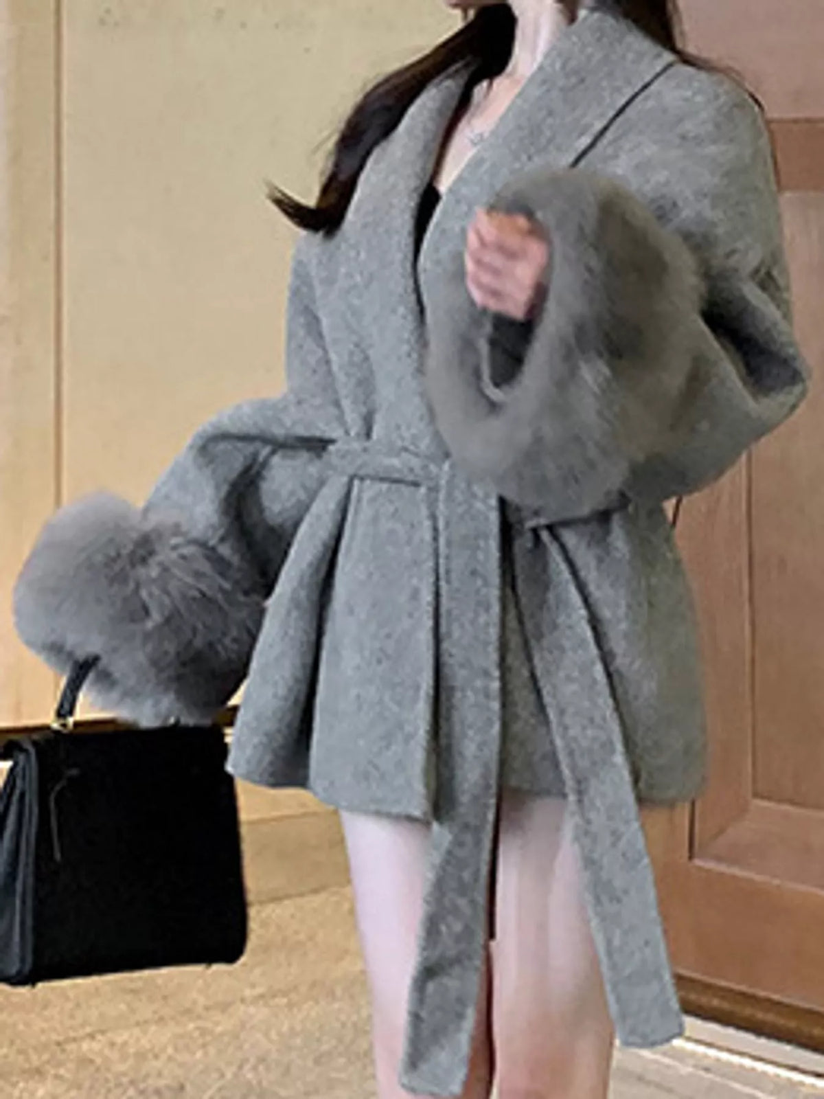 Waist Tie Outerwear with Faux Fur Cuffs
