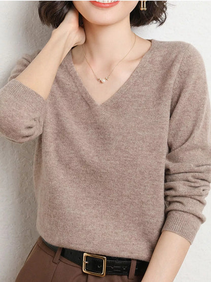 Elegant V-Neck Long Sleeve Soft Knit Top