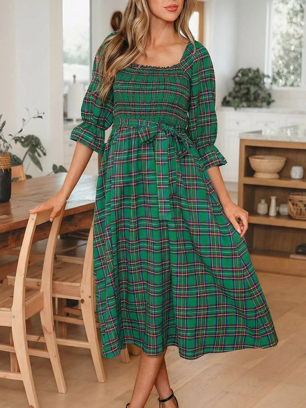 Plaid Square Neck Puff Sleeve Knot Waist Flared Midi Dress