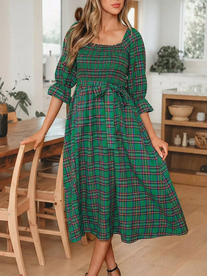 Plaid Square Neck Puff Sleeve Knot Waist Flared Midi Dress